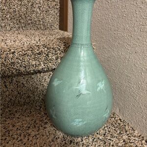 Vintage Celadon Artisan Teal Vase with Heron Pattern